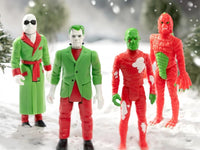 Hasbro Universal Monsters ReAction holiday action figures featuring classic monsters dressed in festive colors.