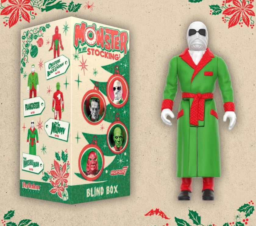 Hasbro Universal Monsters ReAction blind box figure of The Mummy in festive green and red holiday outfit