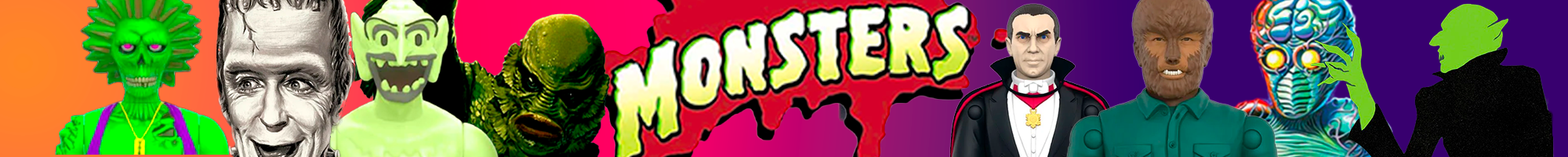 Colorful banner featuring classic movie monster characters in bold retro style against bright green and pink background