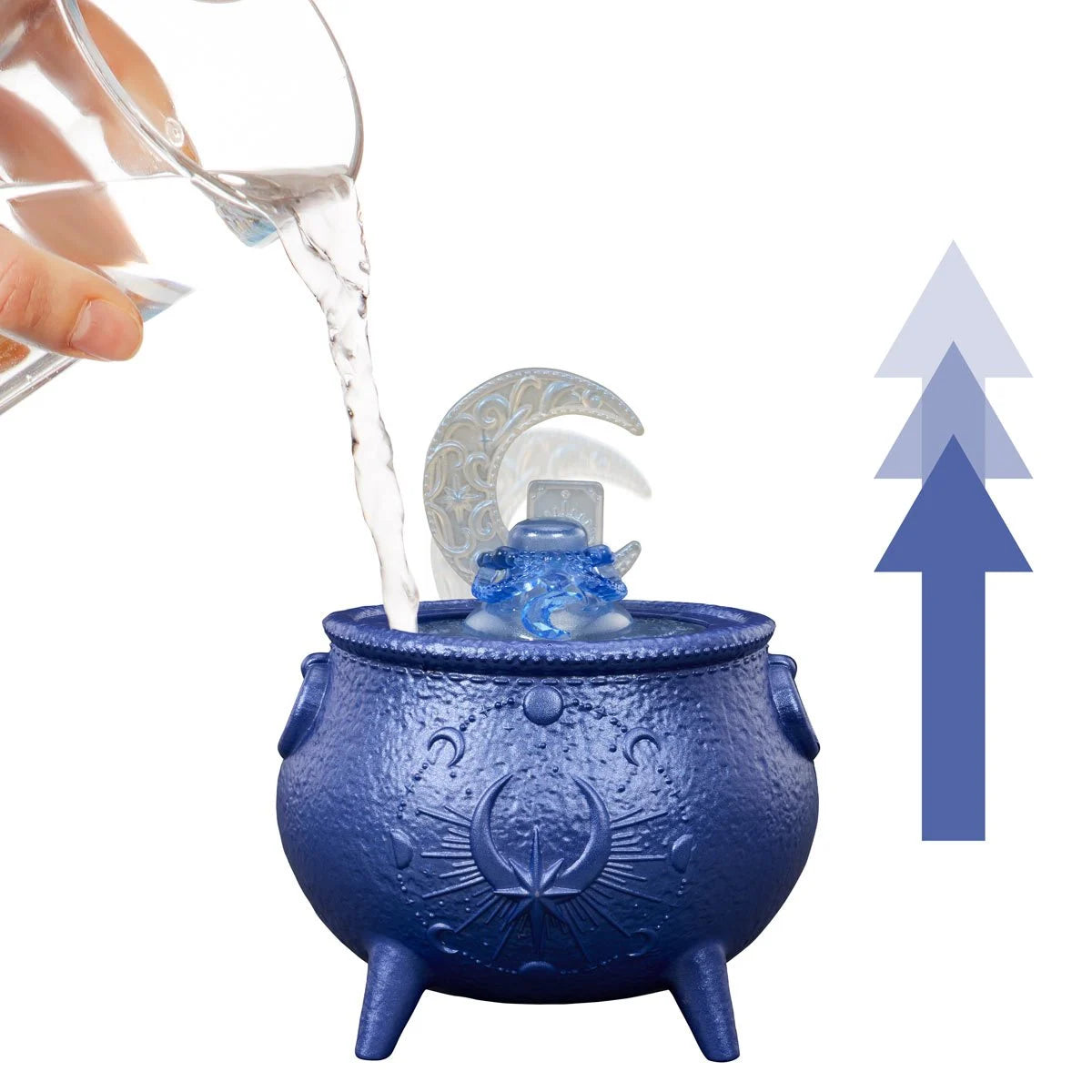 A hand pouring water into a detailed blue cauldron with crescent moon decoration and upward arrows nearby.