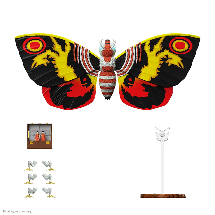 Super7 Mothra 1992 figure with detailed wings, Shobijin twins briefcase, interchangeable legs, and display stand