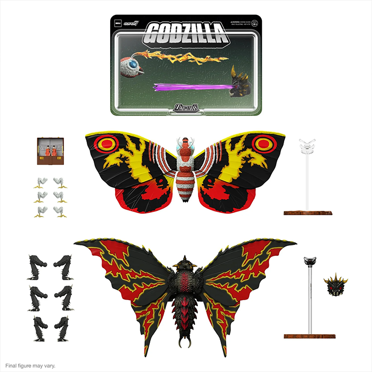 Super7 Godzilla vs Mothra 1992 action figure set with detailed Mothra, Battra, accessories, and display stands
