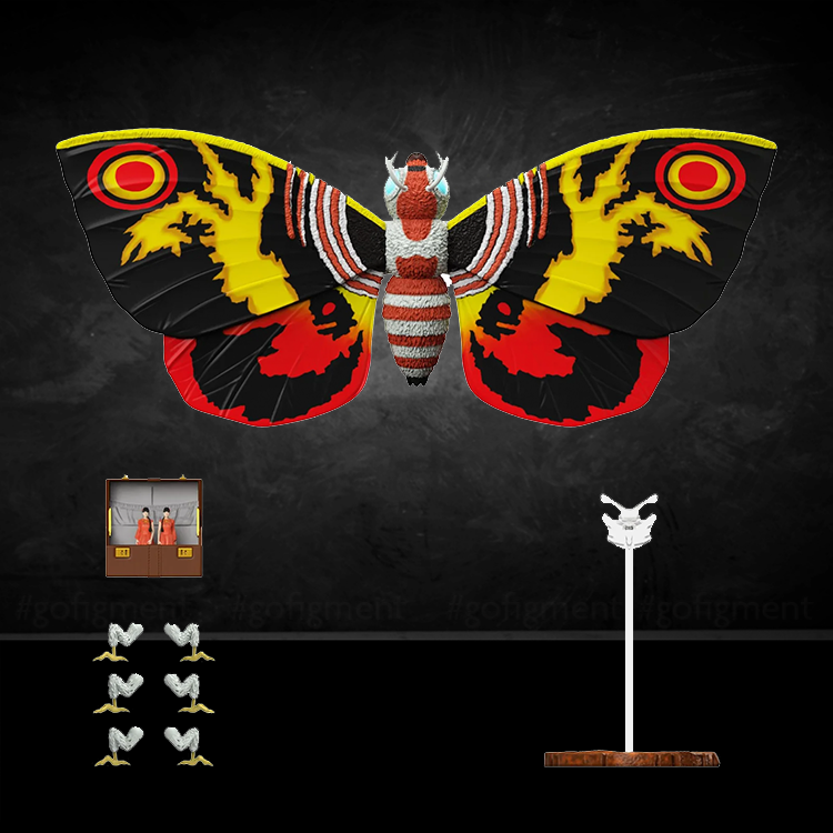 Super7 Mothra 1992 figure with detailed wingspan, Shobijin twins, and display stand from Godzilla vs Mothra film