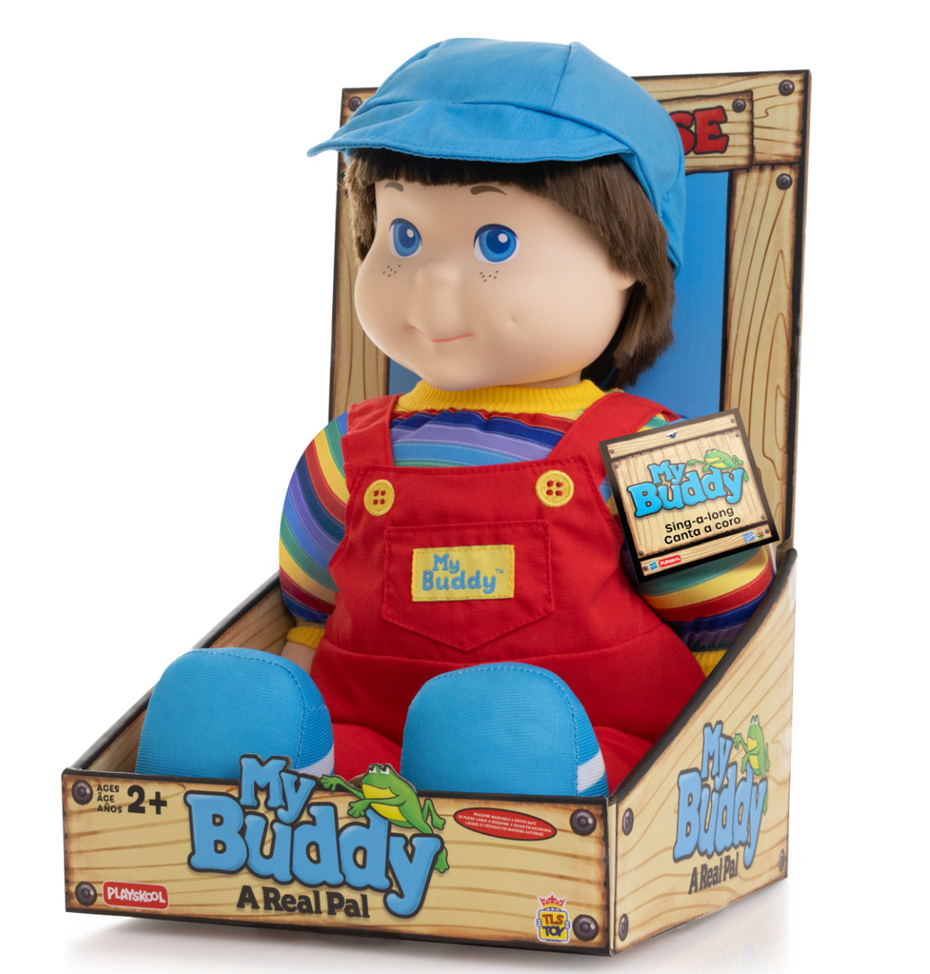 My Buddy Playskool 18-inch doll in red overalls, blue hat, and striped shirt, seated in box packaging.