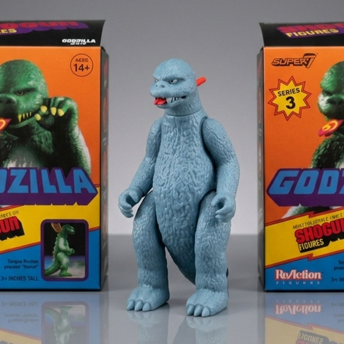 Godzilla 1:18 Scale 3.75" Shogun Action Figures - LOOSE Confirmed Choice by Super7 with blue skin and packaging background