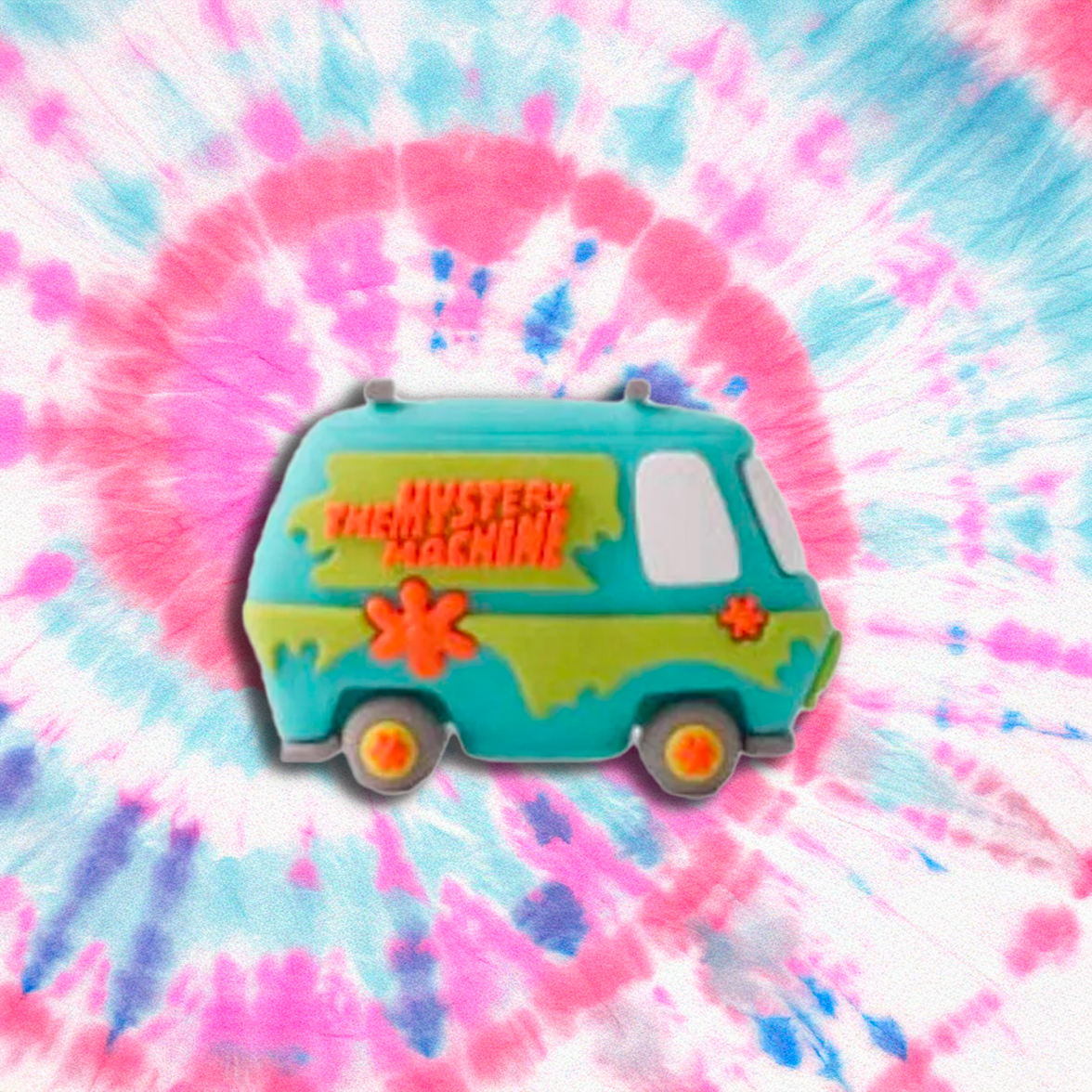 UCC Scooby-Doo Mystery Machine 3D mini figure collectible on colorful tie-dye background for fans and collectors