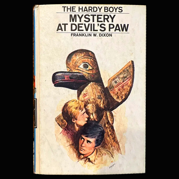 Vintage Hardy Boys book The Mystery at Devil's Paw featuring illustrated cover with two boys and carved bird figure