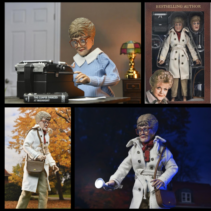 Jessica Fletcher Murder She Wrote 8-Inch Clothed Neca Action Figure posed with typewriter and accessories new in box