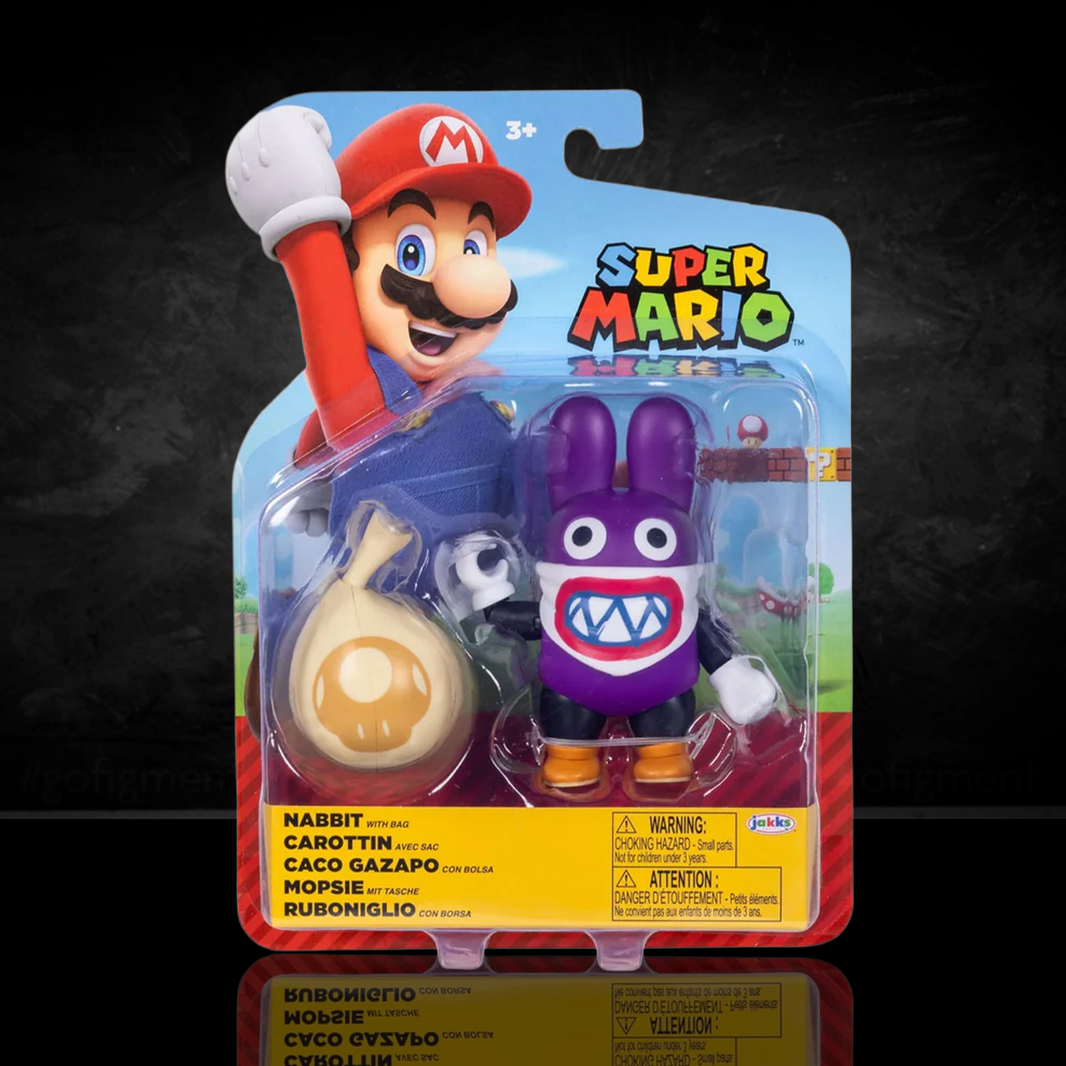 This is an image of Super Mario Wave 49 - Nabbit with Bag 4" Action Figure Collectible