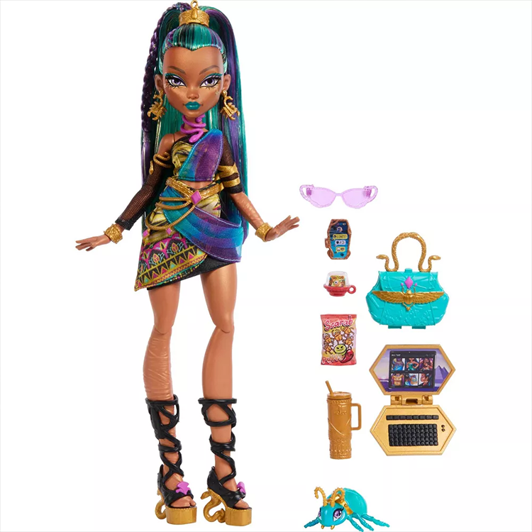 Monster High Nefera De Nile doll with teal and purple outfit, accessories, and pet scarab by Mattel.