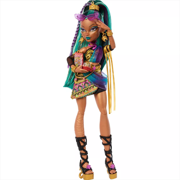 Monster High Nefera De Nile doll by Mattel with teal hair, colorful outfit, and purple cat-eye glasses accessory