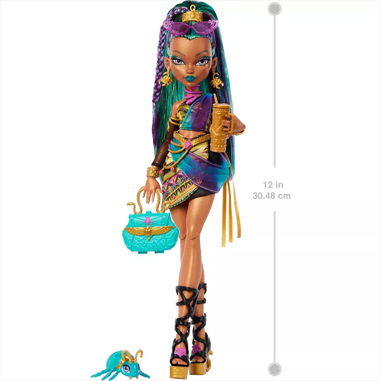 Monster High Nefera De Nile doll by Mattel dressed in vibrant Egyptian-inspired outfit with pet scarab accessory.