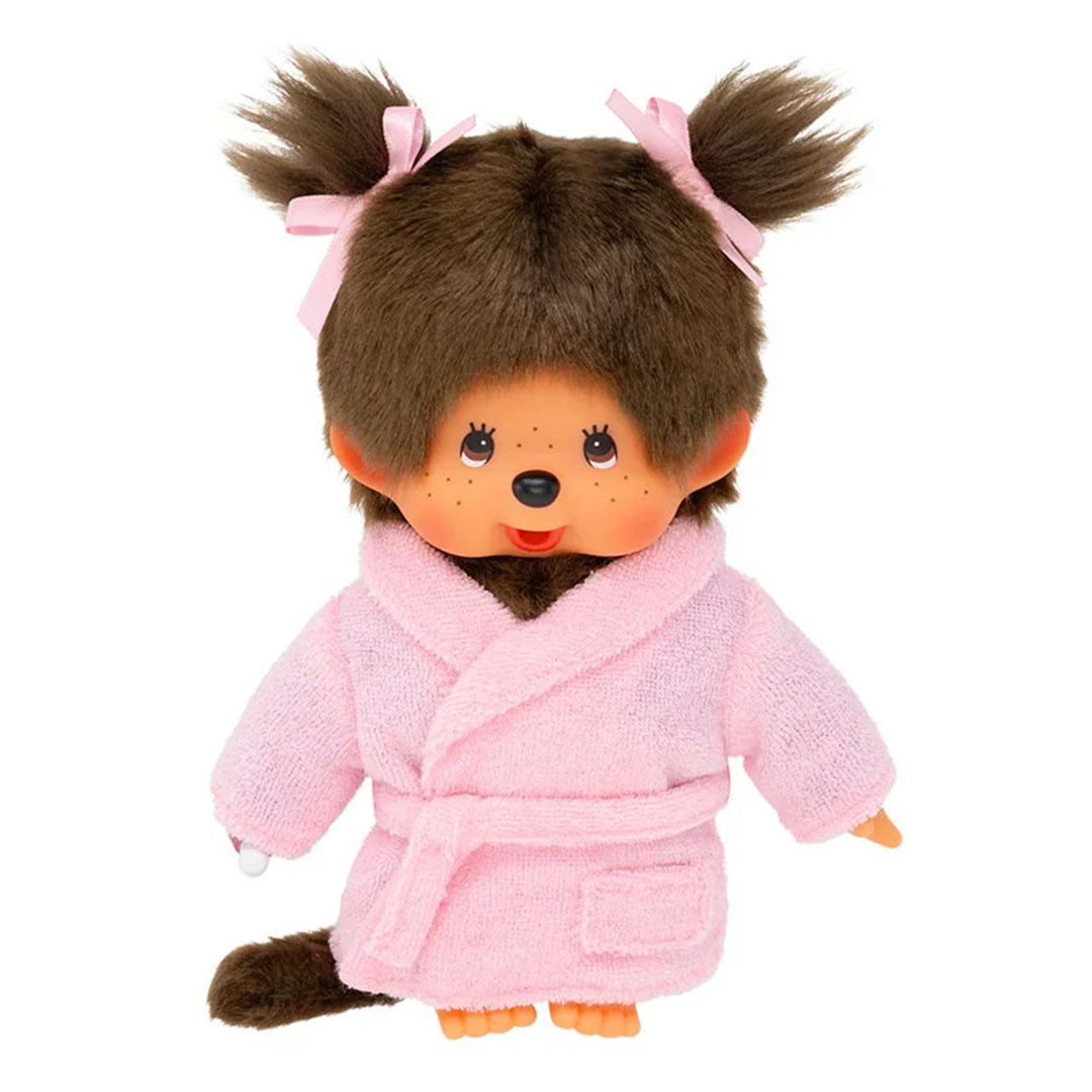 Sekiguchi Monchhichi Girl plush monkey wearing pink bathrobe with twin ponytails and bows 8 inch tall