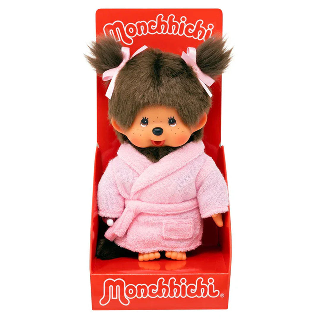 Sekiguchi Monchhichi Girl plush doll wearing pink bathrobe with pigtails in red branded packaging 8 inch tall