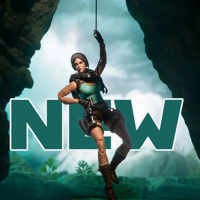 Woman adventurer hanging from a rope in a jungle cave with large NEW text