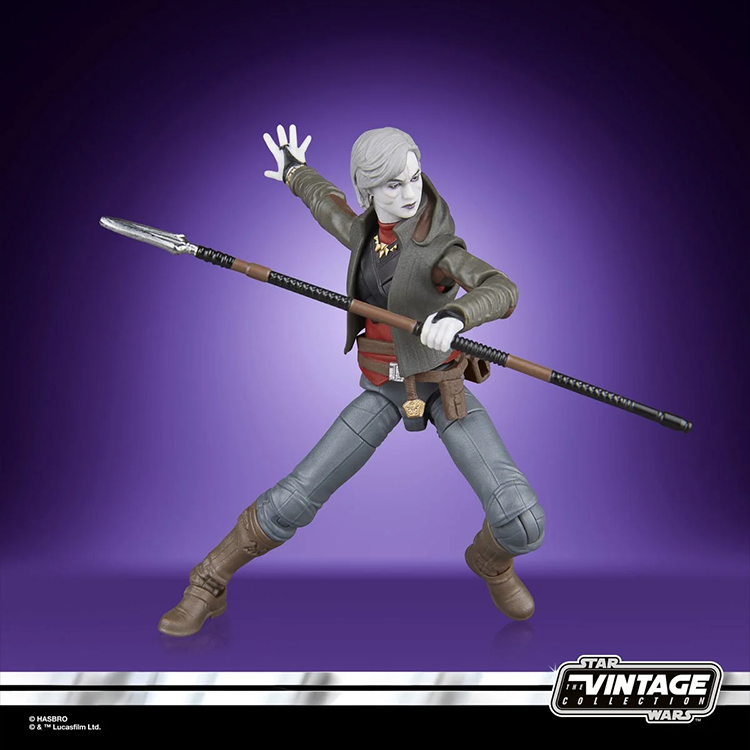 Kenner Star Wars Vintage Collection Nightsister Merrin figure posed with staff and detailed attire on purple background