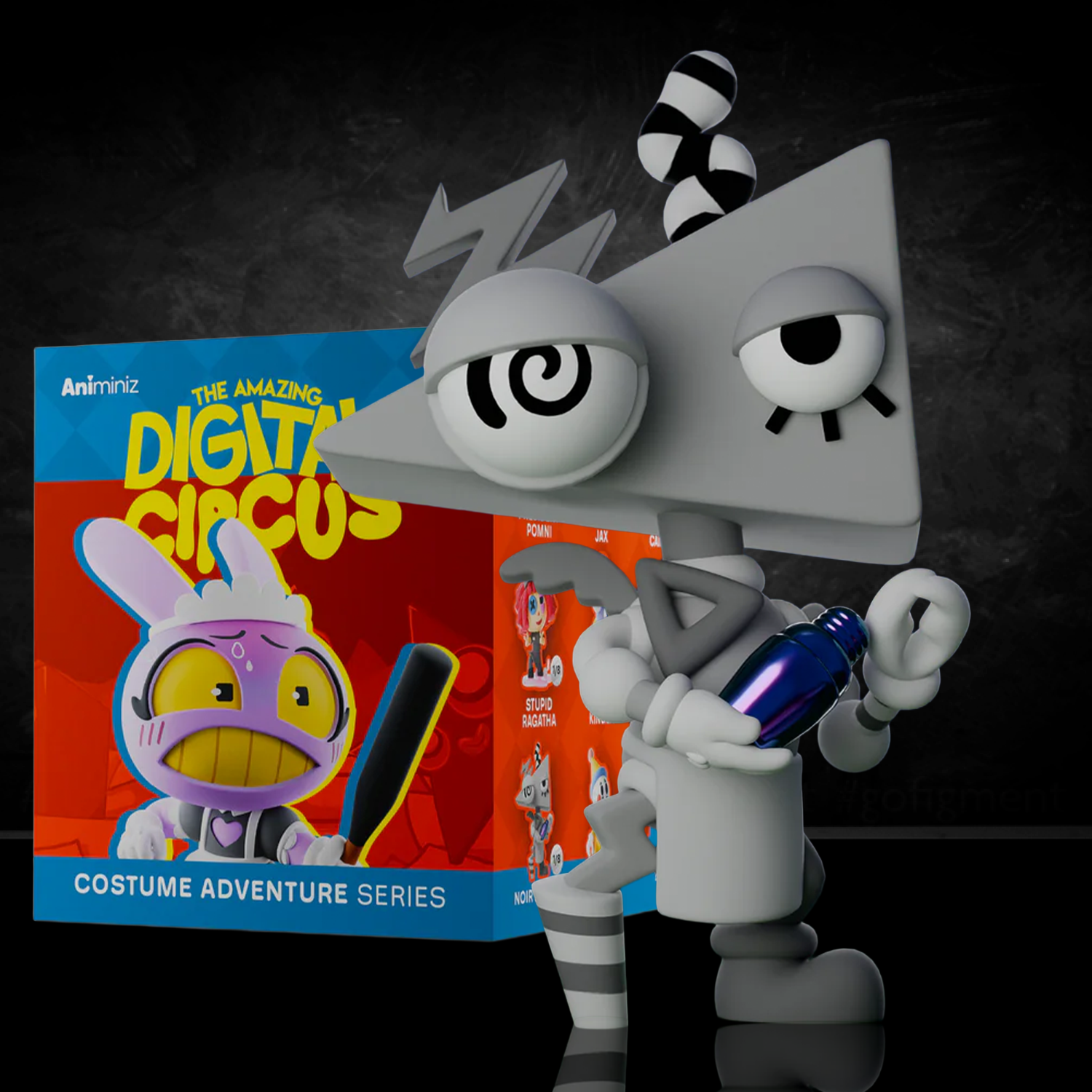 Glitch Animiniz figure from The Amazing Digital Circus with geometric face and striped antenna holding a shiny blue bottle
