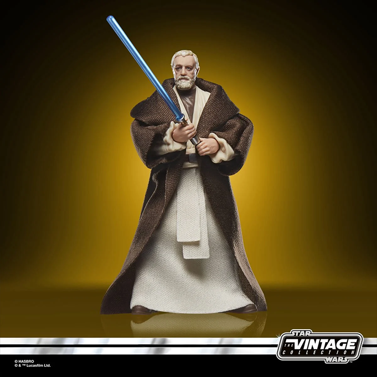 Star Wars Vintage Collection Ben Obi-Wan Kenobi action figure with blue lightsaber by Kenner on yellow background