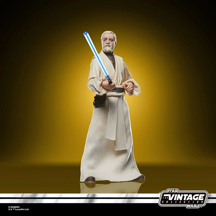 Ben Obi-Wan Kenobi action figure with blue lightsaber from Kenner Star Wars Vintage Collection on yellow background
