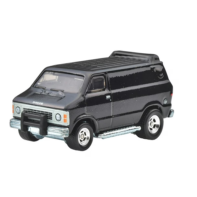 Mattel Hot Wheels Premium 1979 Dodge Ram Van diecast car in black with realistic details and metal construction