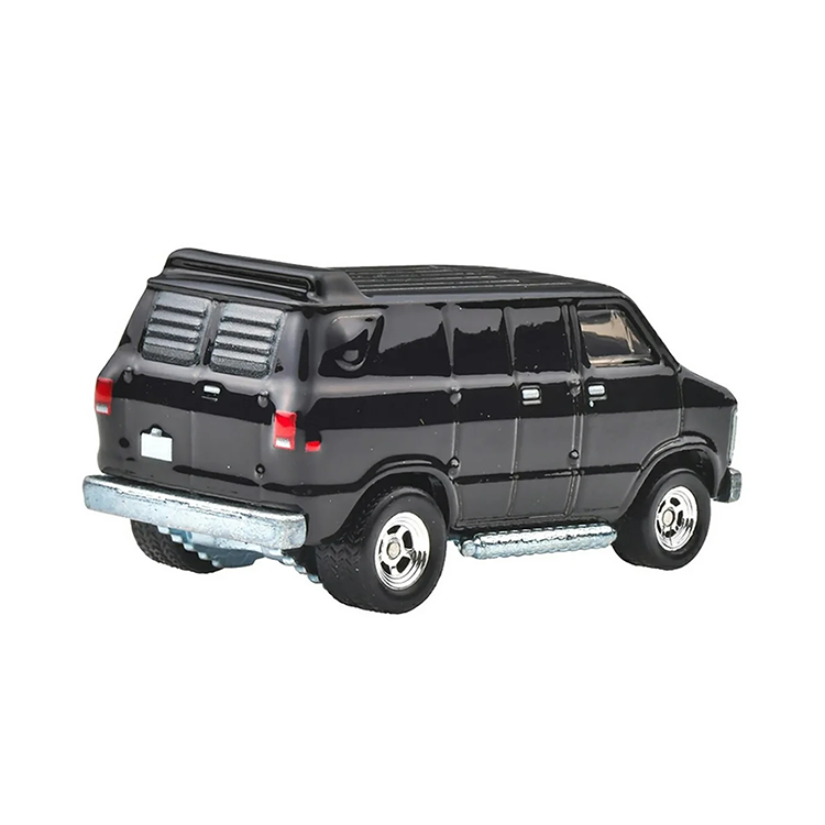 Black 1979 Dodge Ram Van diecast model by Mattel in 1:64 scale with detailed features and realistic tires