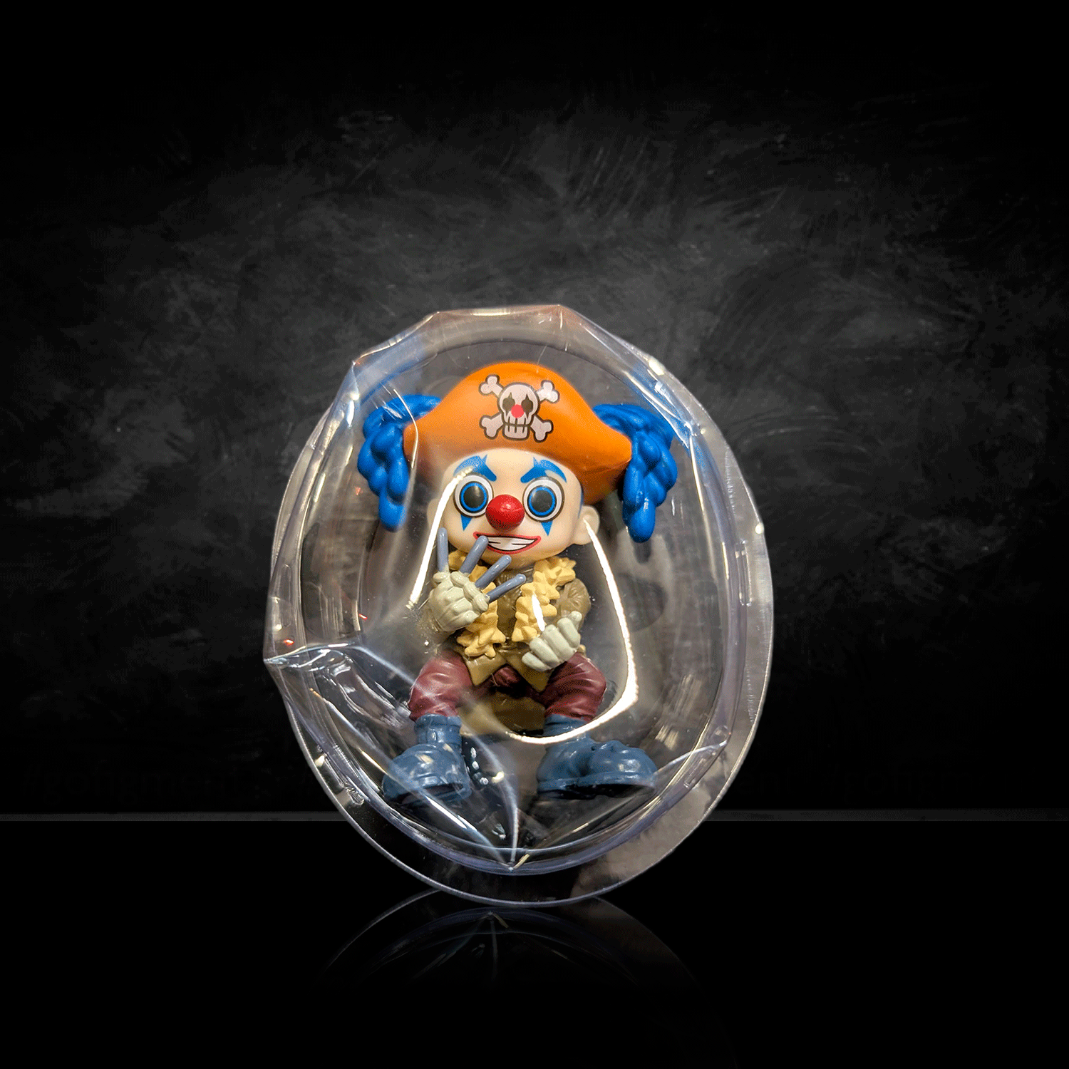 One Piece Confirmed Blind Box Mini Figure by Go Figment featuring a colorful pirate clown character in sealed packaging