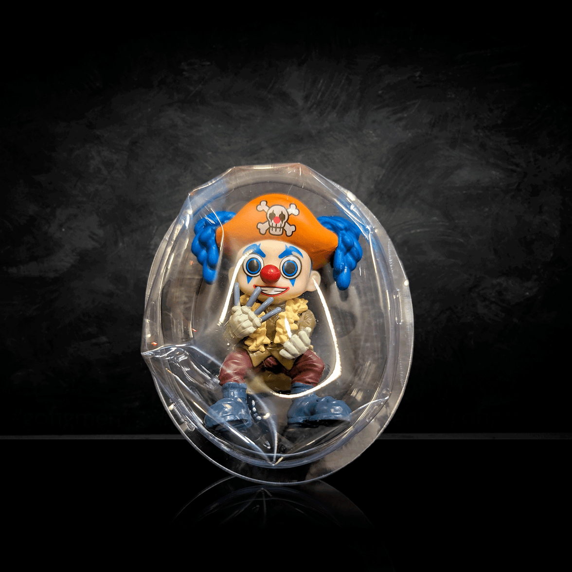 One Piece Confirmed Blind Box Mini Figure by Go Figment featuring a colorful pirate clown character in sealed packaging