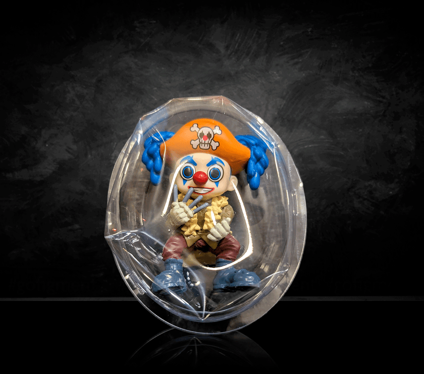 One Piece Confirmed Blind Box Mini Figure by Go Figment featuring a colorful pirate clown character in sealed packaging
