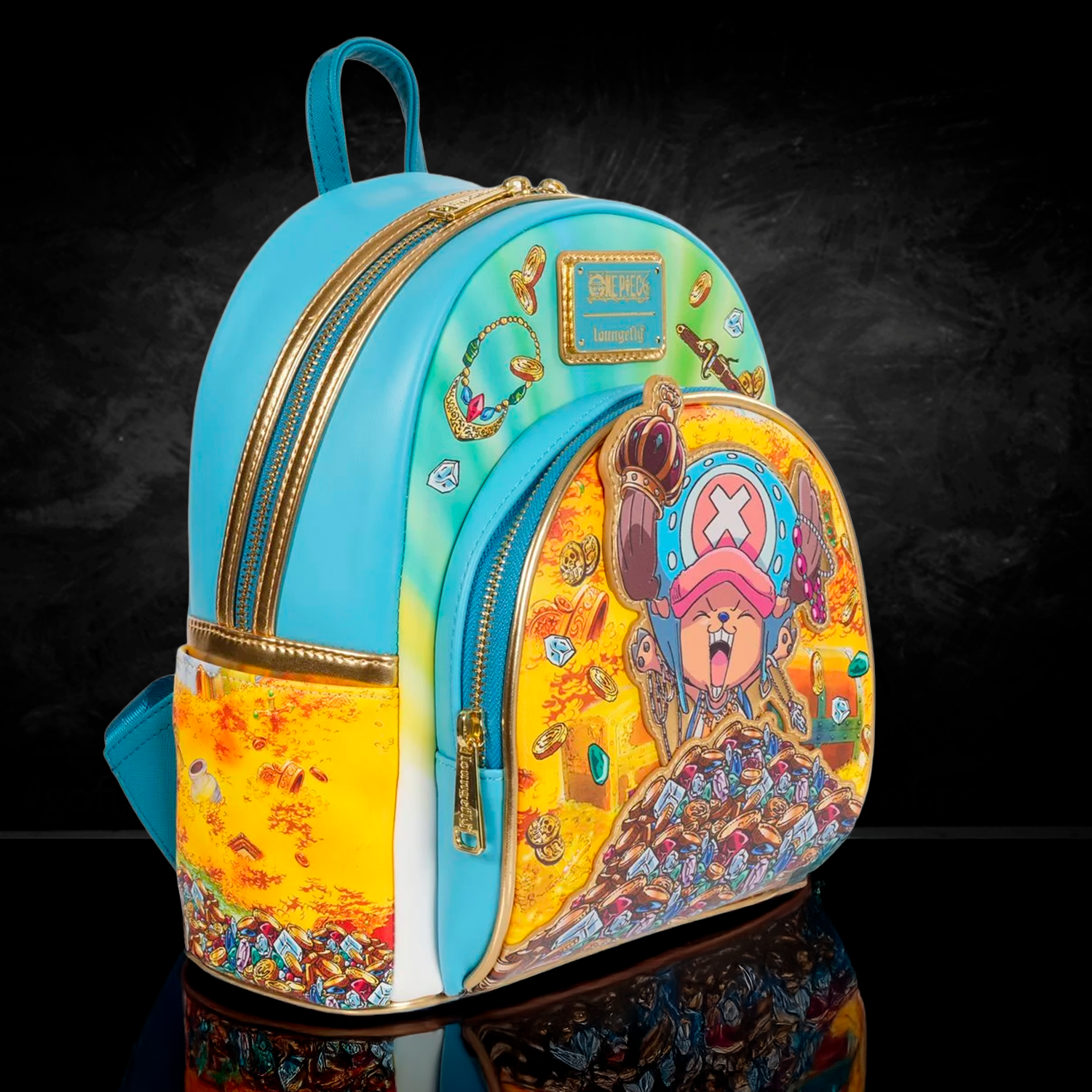 Loungefly One Piece Tony Tony Chopper mini-backpack with treasure design and vibrant blue and gold accents