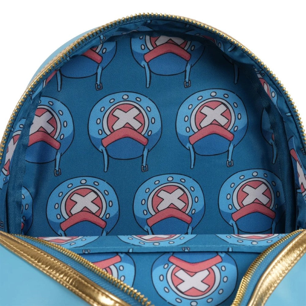 Interior lining of Loungefly One Piece Tony Tony Chopper mini-backpack featuring character helmet pattern