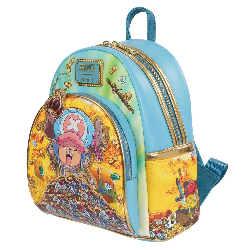 Loungefly One Piece Tony Tony Chopper mini-backpack with colorful treasure design and gold accents