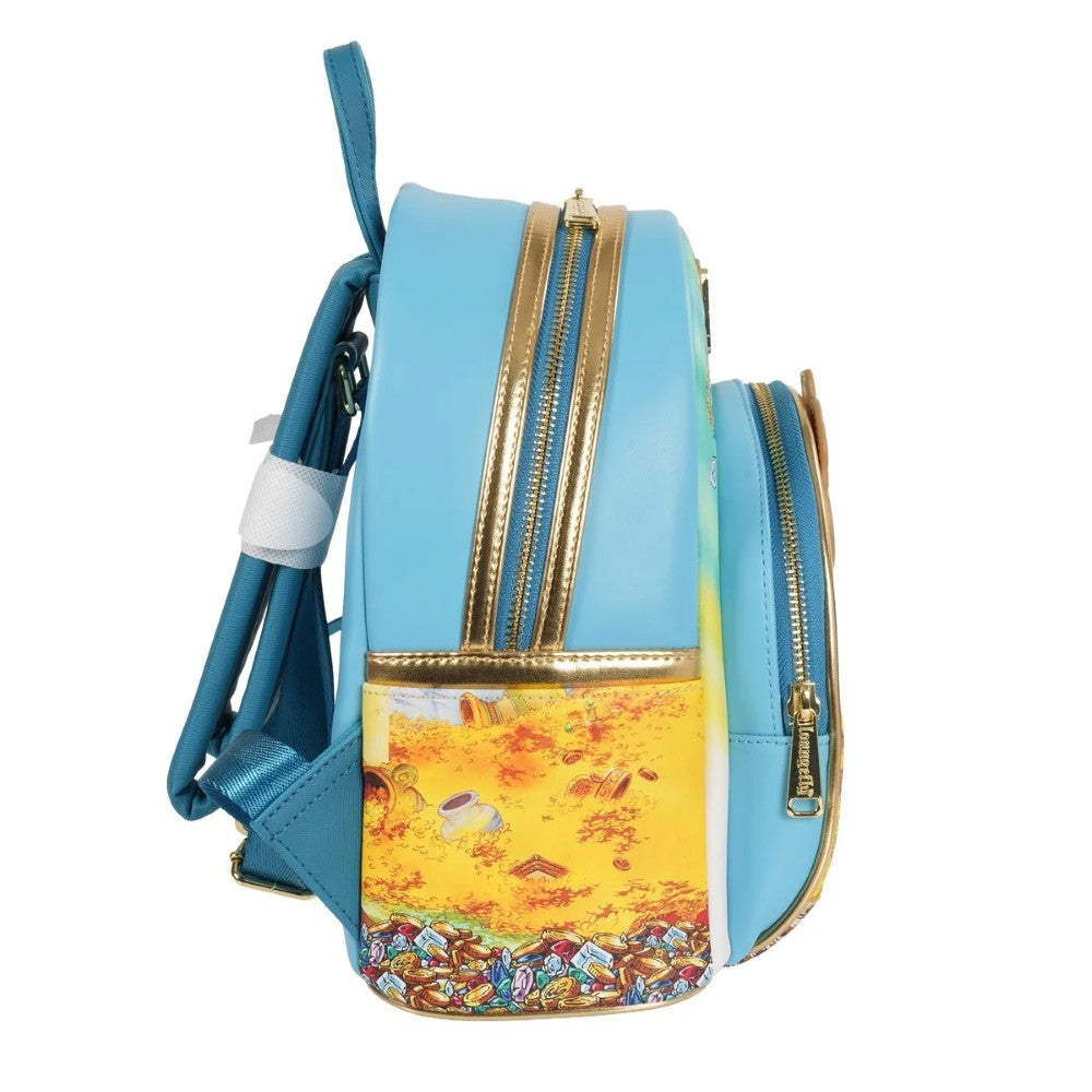 Loungefly One Piece Tony Tony Chopper mini-backpack in blue with gold zippers and colorful treasure print side pocket