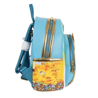 Loungefly One Piece Tony Tony Chopper mini-backpack in blue with gold zippers and colorful treasure print side pocket