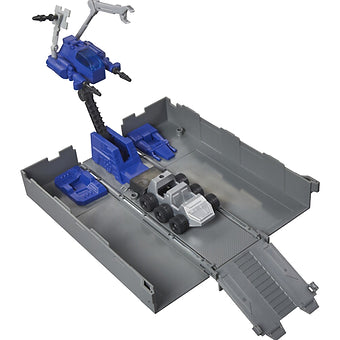 Hasbro Transformers G1 Optimus Prime trailer battle station in gray and blue with vehicle and robotic arm details