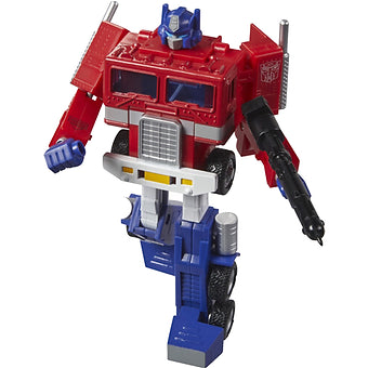 Hasbro Transformers G1 Optimus Prime 40th Anniversary figure in classic red and blue robot form holding a black blaster