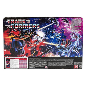 Retro style Transformers G1 Optimus Prime packaging art featuring battle scene and original logo by Hasbro.