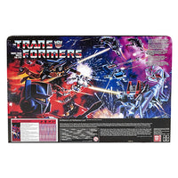Retro style Transformers G1 Optimus Prime packaging art featuring battle scene and original logo by Hasbro.