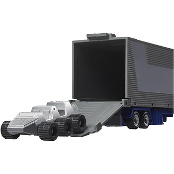 Hasbro Transformers G1 Optimus Prime trailer open with two small rolling vehicles inside on white background.