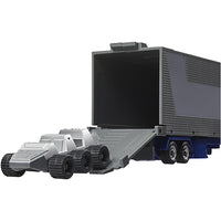 Hasbro Transformers G1 Optimus Prime trailer open with two small rolling vehicles inside on white background.