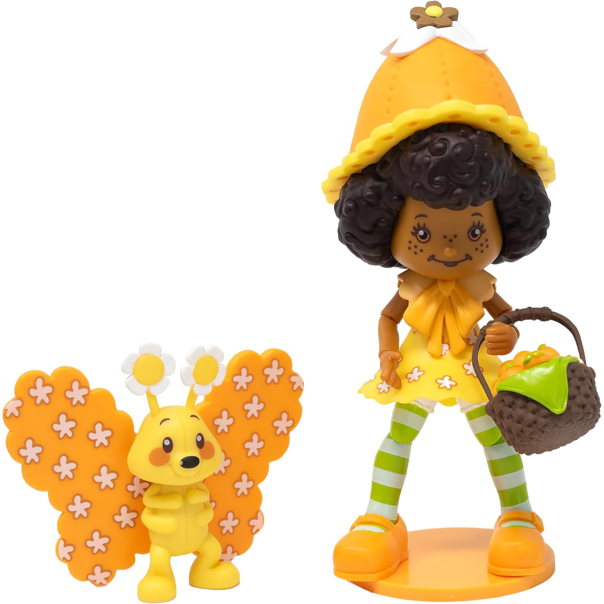 Boss Fight Studio Llc Orange Blossom figure with curly hair, yellow dress, striped green stockings, holding basket, butterfly companion