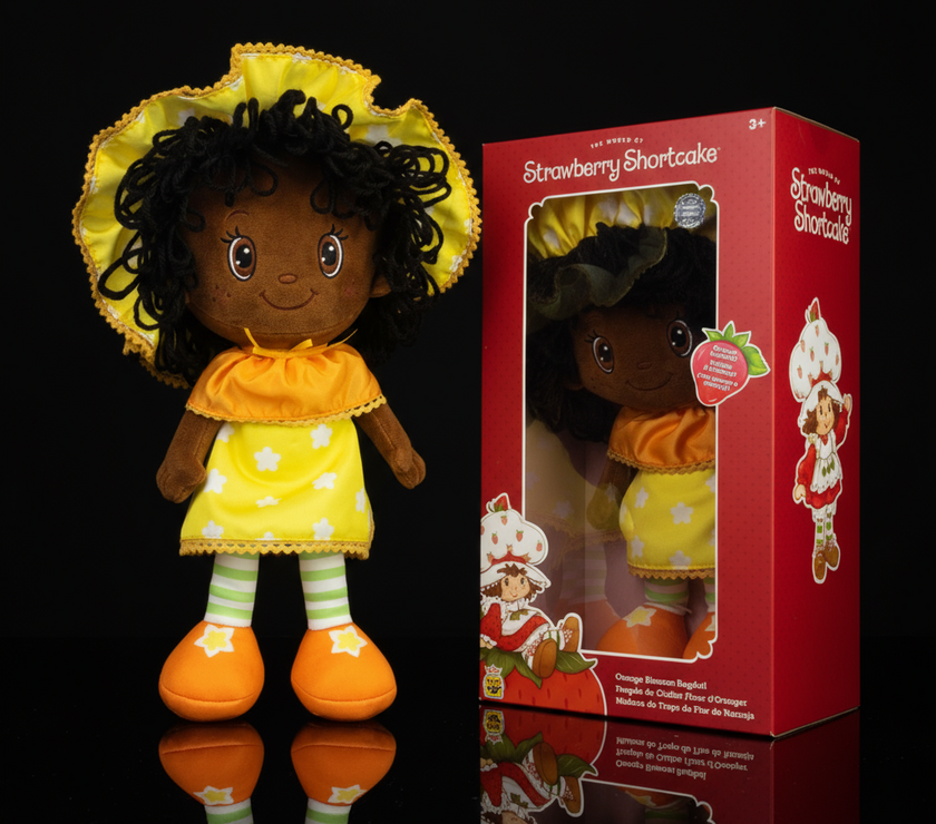 Limited edition Loyal Subjects 14-inch Orange Blossom rag doll in yellow outfit with citrus scent in Strawberry Shortcake box