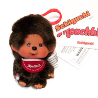 Sekiguchi Monchhichi Boy Classic Big Head plush mascot clip with thumb-sucking pose and branded tags visible
