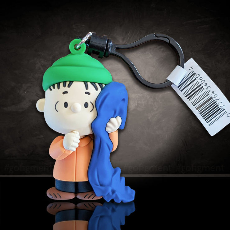 Monogram Peanuts Series 4 Linus Van Pelt figural bag clip holding purple blanket with black clip and tag