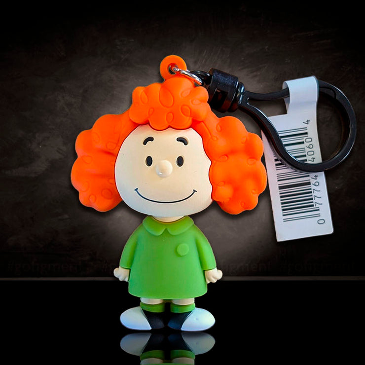 Monogram Frieda Peanuts Series 4 bag clip with bright orange curly hair and green outfit collectible figure