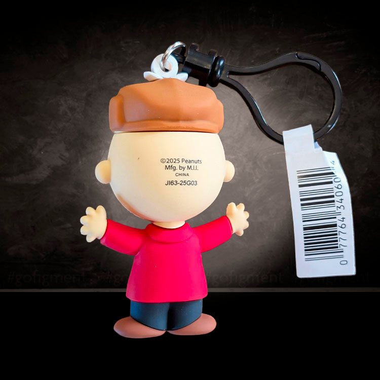 Rear view of Monogram Charlie Brown Peanuts Series 4 foam bag clip with red jacket and brown hat