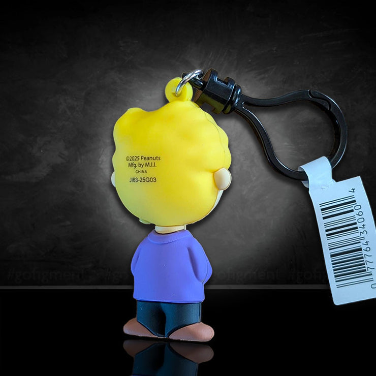 Monogram Schroeder Peanuts Series 4 bag clip in purple jacket with black clip and barcode tag viewed from back