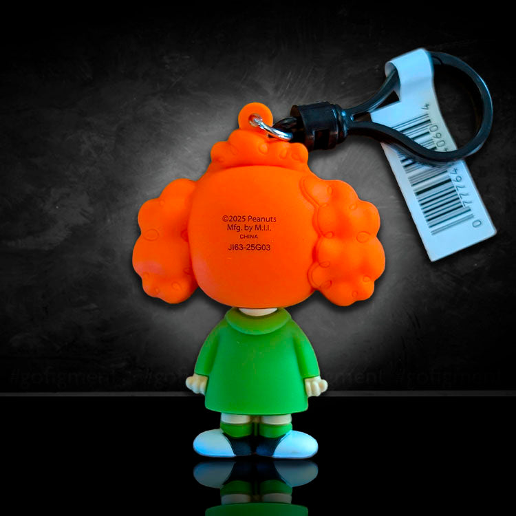 Back view of Monogram’s Peanuts Series 4 Frieda bag clip with textured bright orange curly hair and green coat.