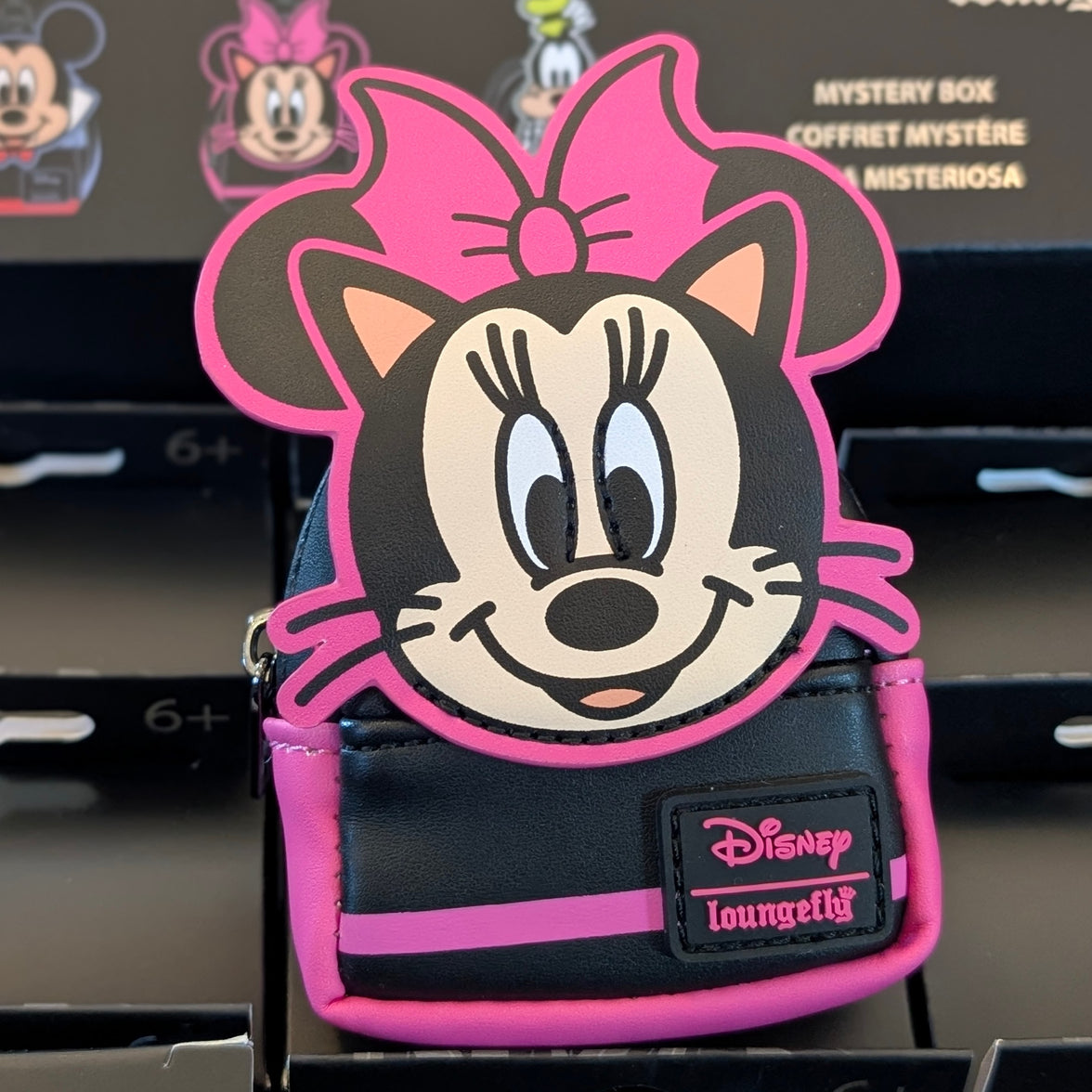 Loungefly Disney Minnie Mouse mini backpack bag charm in black and pink with signature character face design