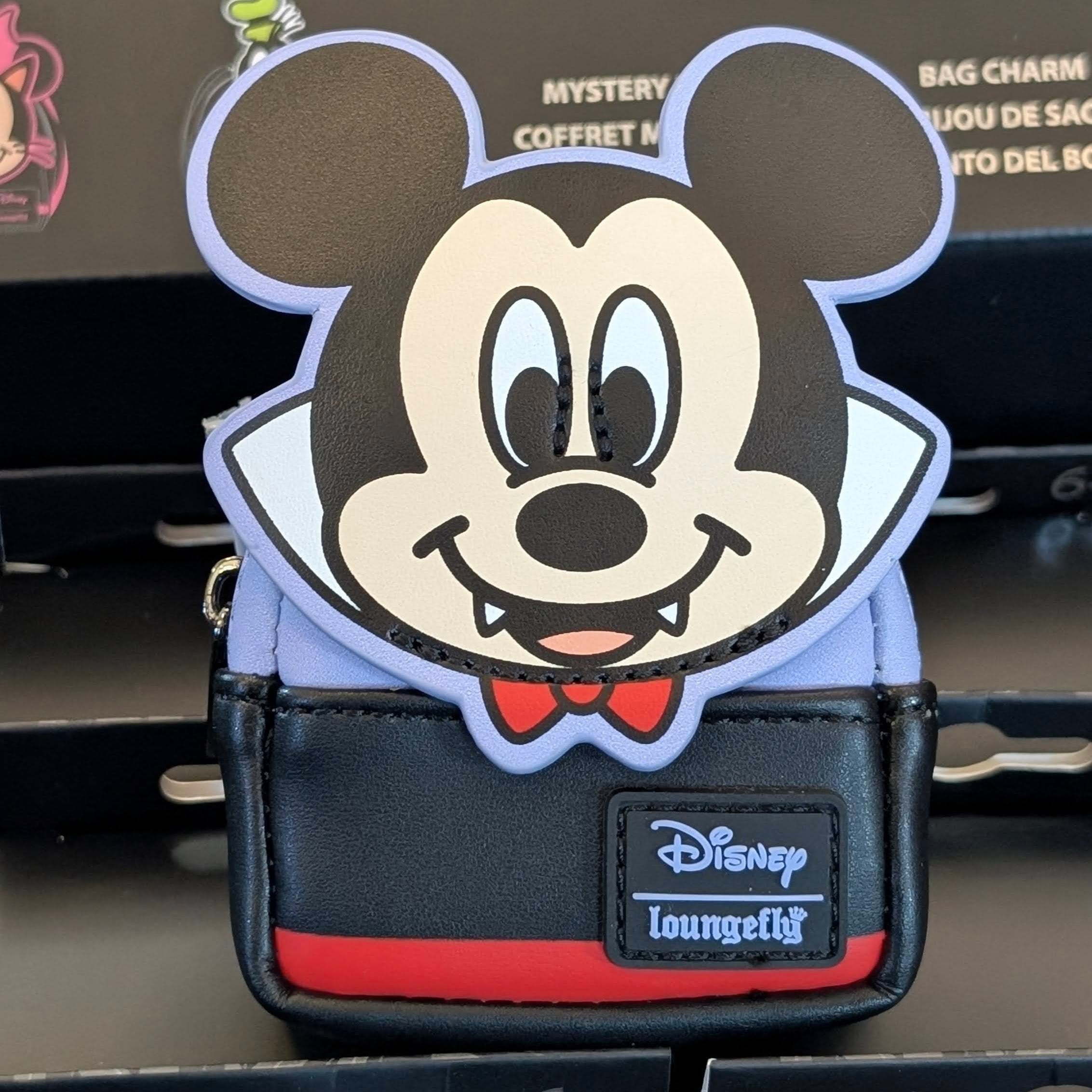 Loungefly Disney mini backpack charm featuring classic Mickey Mouse in vampire costume with working zipper detail