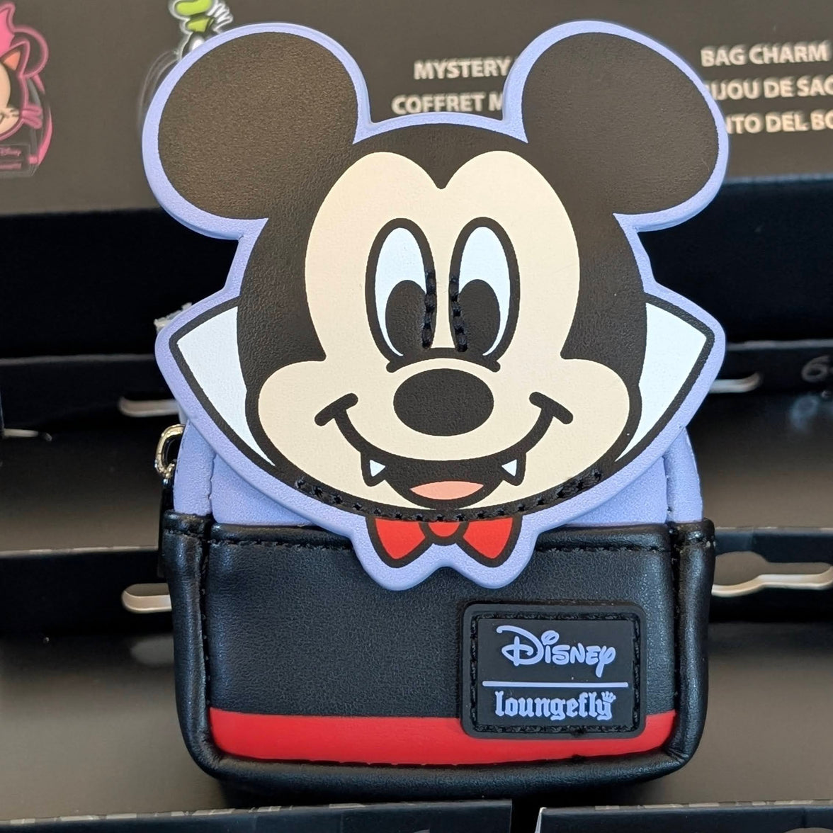 Loungefly Disney mini backpack charm featuring classic Mickey Mouse in vampire costume with working zipper detail